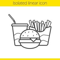 icona lineare di fast food. illustrazione di linea sottile. bicchiere di carta cola, cheeseburger e patatine fritte. simbolo di contorno di cibo spazzatura. disegno vettoriale isolato contorno