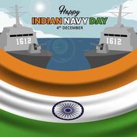 felice giorno della marina indiana sfondo con due navi militari sul mare con bandiera vettore