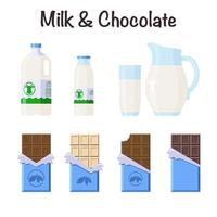 set di barrette di latte e cioccolato. stile piatto. collezione di caramelle e latticini in diverse confezioni per logo, etichetta, adesivo, stampa, ricetta, menu, decorazioni e decorazioni vettore