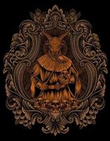 illustrazione spaventoso baphomet sulla cornice dell'ornamento dell'incisione vettore