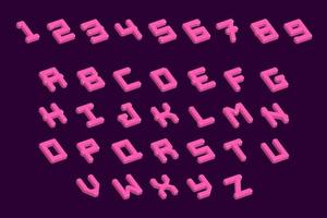 rendering 3d astratto rosa, caratteri isometrici e numeri. isometria alfabeto abs caratteri tipografici e raccolta di numeri. vettore