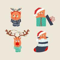 set di gatti di natale in cappelli di babbo natale in diverse pose, cervi con ghirlande sulle corna. illustrazione vettoriale in stile piatto