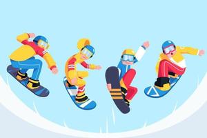 set di personaggi maschili giocano a snowboard vettore