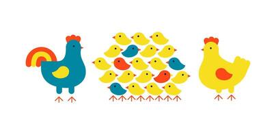 pollo famiglia. gallo, gallina e mazzo di carino di recente covato pulcini. piatto illustrazione isolato su bianca sfondo. vettore