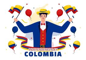 contento Colombia indipendenza giorno illustrazione su 20 luglio con agitando bandiera e nastro nel nazionale vacanza celebrazione piatto cartone animato sfondo vettore