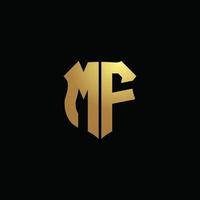 monogramma logo mf con colori dorati e modello di design a forma di scudo vettore