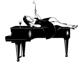 bella donna con sigaretta posa su un' pianoforte. nero e bianca clipart isolato su bianca. vettore