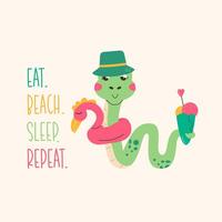 serpente personaggio manifesto è lettering mangiare. spiaggia. dormire. ripetere. vettore