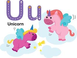 alfabeto lettera u-unicorno con cartone animato vocabolario illustrazione, vettore