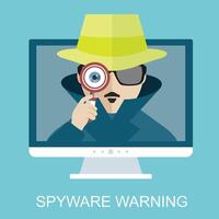Internet sicurezza e spyware avvertimento con detective. pirateria phishing attacco. computer attacco e virus infezione. piatto icone e illustrazioni vettore