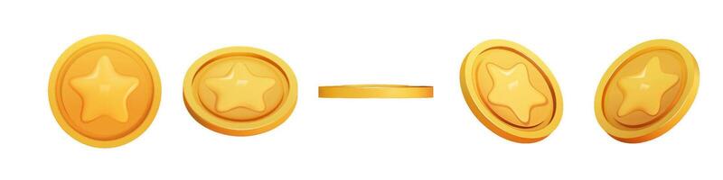 oro moneta impostato 3d rendere diverso posizione. gioco i soldi su bianca sfondo. moneta con stella per gioco ricompensa e premio. 3d illustrazione. vettore