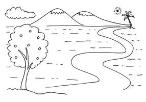 mano disegnato schizzo di montagne con sole, nube e albero illustrazione. vettore