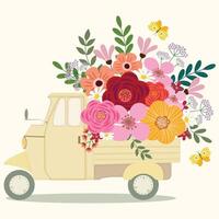 adorabile luminosa fiori floreale mazzo nel camion clipart mano disegnato illustrazione per decorare invito saluto compleanno festa celebrazione nozze carta manifesto sfondo vettore