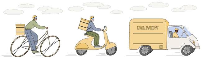 piatto illustrazione impostato di consegna servizio lavoratore. Corriere consegnare pacchi su scooter e bicicletta con zaino. spedizione carico su camion. cibo, posta e documenti ordini di trasporto concetto. vettore