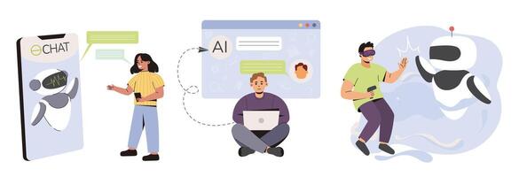 in linea comunicazione con Chiacchierare Bot su elettronico dispositivi. chatbot tecnologia, virtuale la realtà e artificiale intelligenza. piatto personaggi utilizzando ai tecnologia per aiuto, supporto e risposta domande. vettore