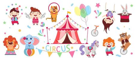 impostato di cartone animato circo tenda, contento artisti, divertente interpreti animali e decorazione nel divertimento parco. piatto giocoliere, clown, ginnasta e uomo forte. elefante , orso, Leone, coniglio e pony mostrare carnevale vettore