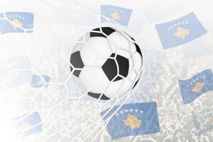 nazionale calcio squadra di kosovo segnato obiettivo. palla nel obbiettivo rete, mentre calcio sostenitori siamo agitando il kosovo bandiera nel il sfondo. vettore