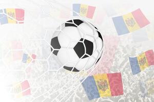 nazionale calcio squadra di moldova segnato obiettivo. palla nel obbiettivo rete, mentre calcio sostenitori siamo agitando il moldova bandiera nel il sfondo. vettore