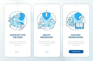 ruoli di ong blu onboarding mobile App schermo. umano diritti Procedura dettagliata 3 passaggi modificabile grafico Istruzioni con lineare concetti. ui, ux, gui modello vettore