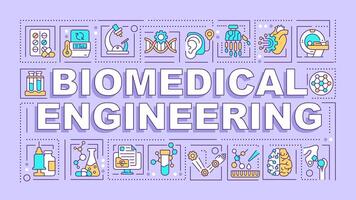 biomedico ingegneria viola parola concetto. biotecnologia. tipografia striscione. piatto design. illustrazione con titolo testo, modificabile linea icone. pronto per uso vettore