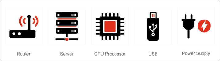 un' impostato di 5 computer parti icone come router, server, processore processore vettore