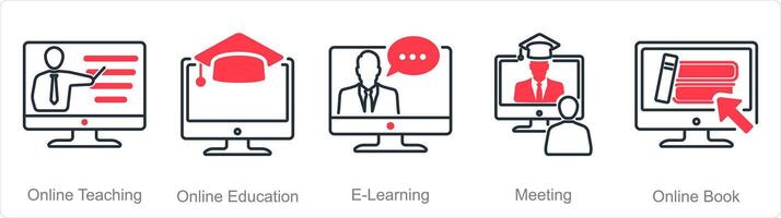 un' impostato di 5 in linea formazione scolastica icone come in linea insegnamento, formazione online, e-learning vettore