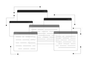 programmazione pagine web nero e bianca 2d linea cartone animato oggetto. codifica ragnatela pagine isolato schema elemento. Software ingegneria. algoritmo codice. programma computer monocromatico piatto individuare illustrazione vettore