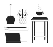 casa posto di lavoro interno dettagli nero e bianca 2d linea cartone animato oggetti impostare. domestico atmosfera isolato schema elementi collezione. Casa design forniture monocromatico piatto individuare illustrazioni vettore