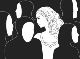 bellissimo triste dai capelli lunghi donna circondato di nero sagome di persone senza facce. concetto di solitudine nel folla, alienazione, allontanamento, indifferenza. monocromatico illustrazione. vettore