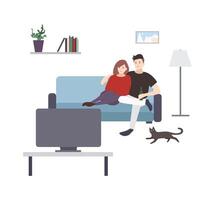 carino maschio e femmina cartone animato personaggi seduta su accogliente divano e Guardando tv o televisione impostare. giovane coppia avendo divertimento a casa. paio di uomo e donna la spesa tempo insieme. illustrazione. vettore