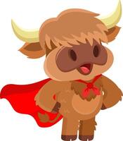 carino montanaro mucca animale cartone animato personaggio supereroe vettore