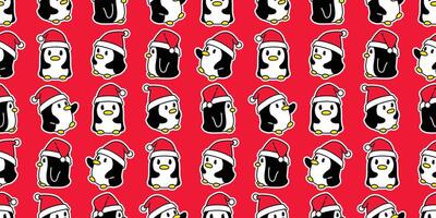 pinguino senza soluzione di continuità modello Natale Santa Claus cappello uccello cartone animato sciarpa isolato piastrella sfondo ripetere sfondo illustrazione scarabocchio rosso design vettore