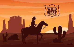 deserto paesaggio con silhouette di cowboy su cavallo, montagne, cactus su tramonto. selvaggio ovest Texas nel piatto stile. occidentale scena. selvaggio ovest Arizona. illustrazione. vettore