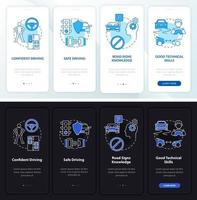 risultati del corso di guida schermata della pagina dell'app mobile di onboarding chiara e scura. procedura dettagliata 4 passaggi istruzioni grafiche con concetti. ui, ux, gui modello vettoriale con illustrazioni lineari in modalità giorno e notte