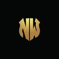 nw logo monogramma con colori dorati e modello di design a forma di scudo vettore
