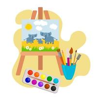 dipinto su un cavalletto, un branco di elefanti pascola in una giornata di sole. lezione di disegno. colori, pennelli e cavalletto. scuola d'arte. vettore