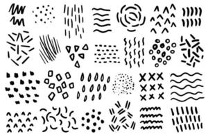 collezione di scarabocchi astratti di diverse forme, pennellate, motivi. insieme disegnato a mano di elementi di memphis. vettore