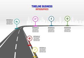 modello vettoriale infografica timeline delle operazioni commerciali con bandiere e segnaposto su strade curve. simboli, passaggi per una pianificazione aziendale di successo adatti a pubblicità e presentazioni