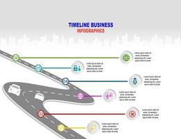 modello vettoriale infografica timeline delle operazioni commerciali con bandiere e segnaposto su strade curve. simboli, passaggi per una pianificazione aziendale di successo adatti a pubblicità e presentazioni