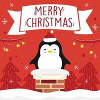 pinguino cartone animato camino buon natale nastro banner natale vettore rosso