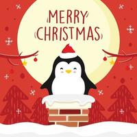 pinguino cartone animato camino buon natale luna piena natale vettore rosso