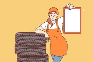 donna meccanico a partire dal auto riparazione negozio sta vicino sostituzione pneumatici per auto ruote, detiene appunti vettore