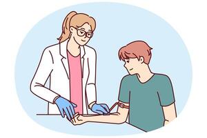donna medico preparazione paziente uomo per sangue test per dai un'occhiata per malattie o dna test vettore