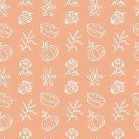 autunno arancia senza soluzione di continuità modello con zucche, Mela torta, funghi e le foglie nel scarabocchio stile. illustrazione vettore