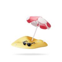 3d rosso spiaggia ombrello nel sabbia isolato su bianca. rendere sole ombra parasole con occhiali da sole. concetto di estate vacanza, tempo per viaggio. spiaggia concia ombrello. illustrazione vettore