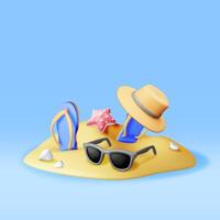 3d spiaggia Flip flop, cappello, occhiali da sole nel sabbia isolato. rendere estate vacanza composizione. estate viaggio icona. concetto di vacanza o vacanza, tempo per viaggio. spiaggia rilassamento. illustrazione vettore