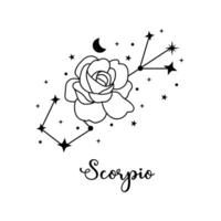 scorpione zodiaco cartello con Luna, fiore e stelle. celeste costellazione vettore