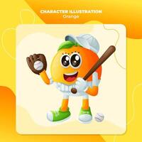 carino arancia personaggio giocando baseball vettore