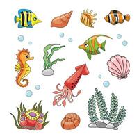 un' impostato di mare creature nel il stile di cartone animato. pesce, mare cavallo, oceano, conchiglie, alghe e corallo. colore illustrazione per bambini libri e attivista libri vettore