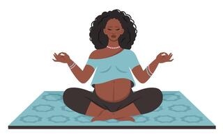 incinta madre praticante prenatale yoga. incinta africano donna fare yoga su stuoia. mamma con pancia meditazione, rilassante. salutare stile di vita, cura del corpo, cura per futuro bambino. illustrazione vettore